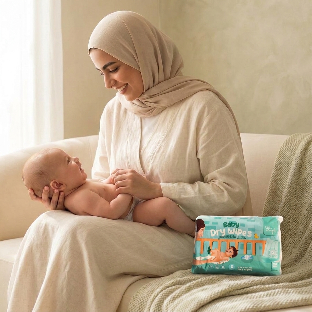 أم خليجية تحمل طفلها بسعادة بجانب عبوة Angels Dry Wipes